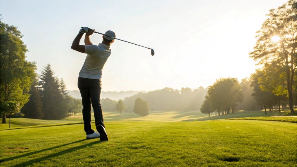 A beginner golfer preparing to swing on a sunny golf course, symbolizing an easy and accessible introduction to golf, with text overlay: 'Holes-in-One on a Dime: Everything You Need to Know to Start Playing Golf Today