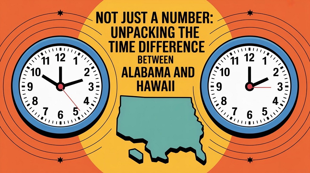 Visual representation of the article title about understanding the time zone gap between Alabama and Hawaii.