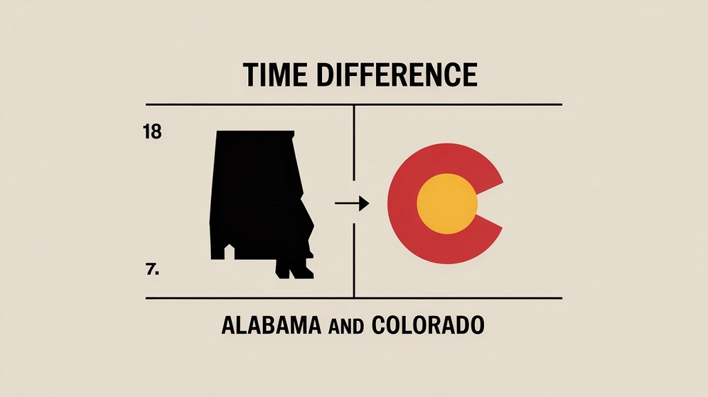 Text question: ‘What Is the Time Difference Between Alabama and Colorado?’ displayed on a plain background.