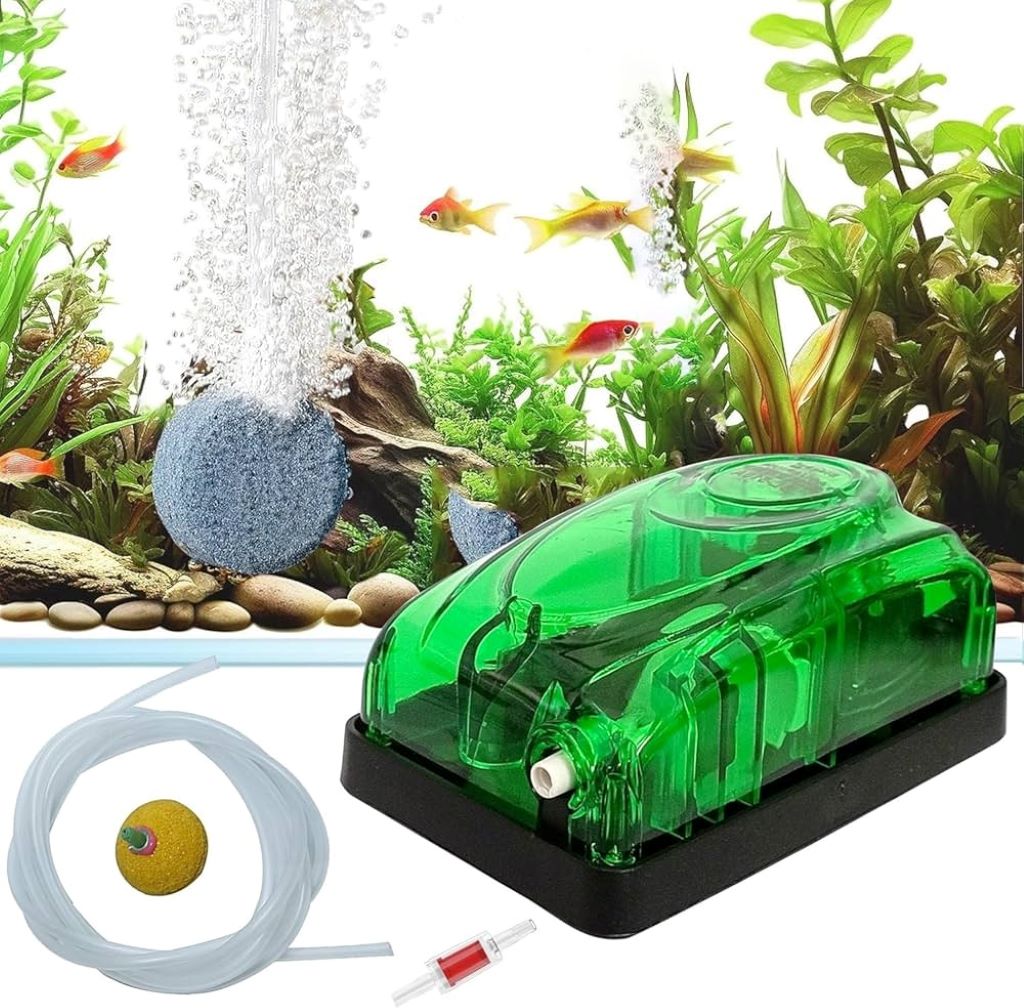 Fish tank owner installing backflow prevention device on aquarium air pump tubing