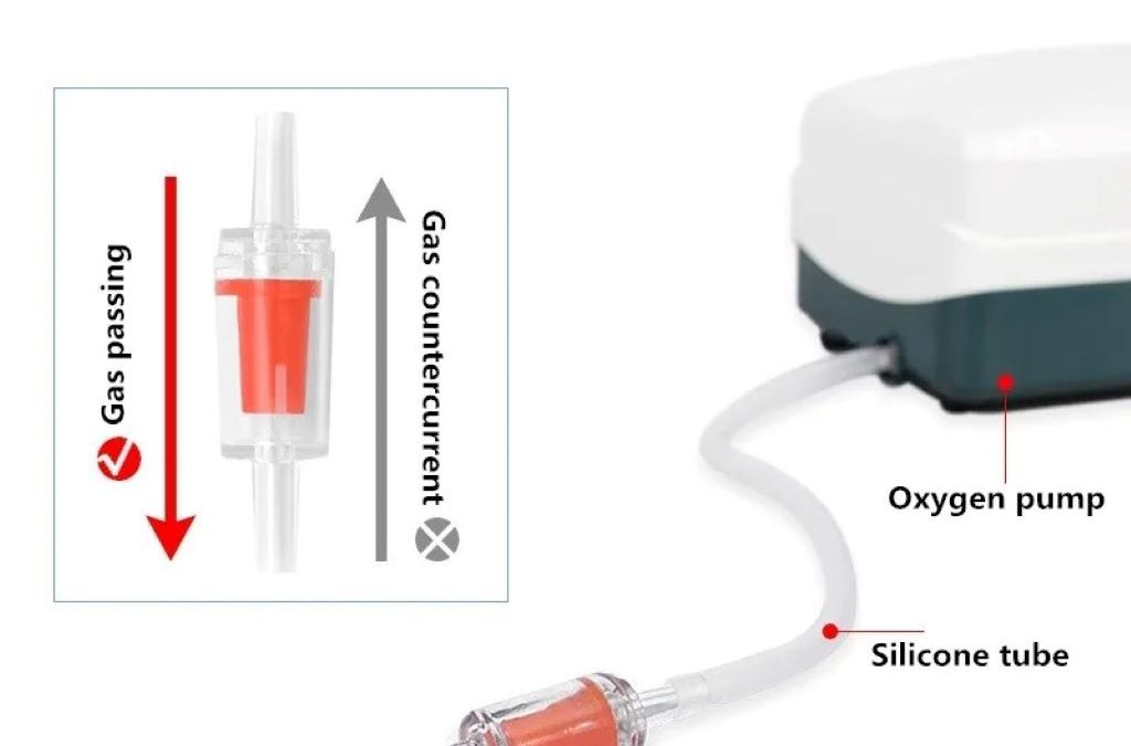 Aquarium air pump with check valve installed to prevent water backflow into pump system