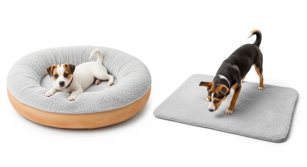 Donut bed and flat mat with a playful puppy testing both, emphasizing comfort differences for pet owners