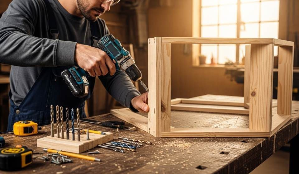 Professional using keyless chuck cordless drill assembling wooden furniture with various drill bits and accessories visible on workbench