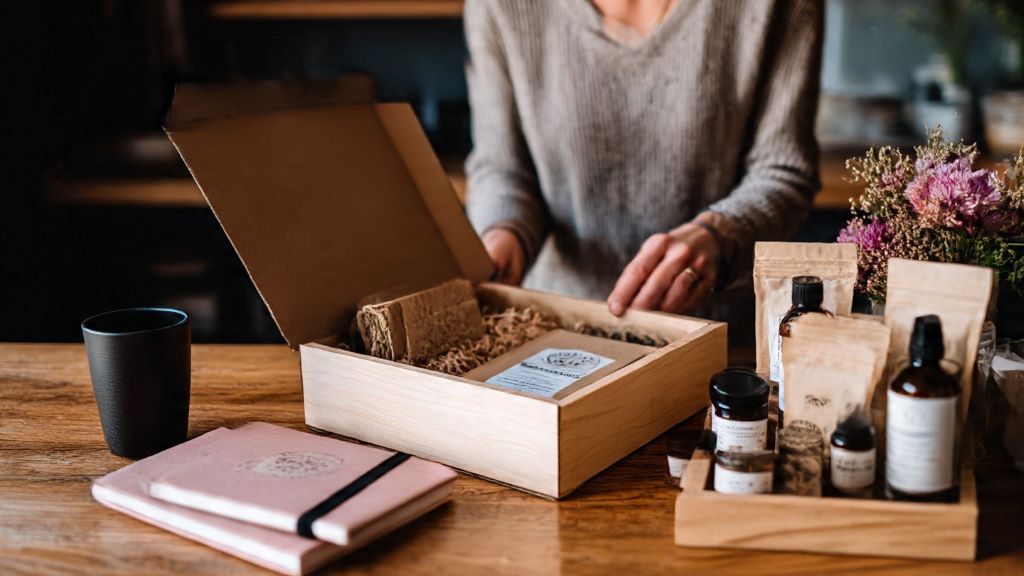 Business owner preparing customized welcome box with notebooks, coffee, and wellness products for new client