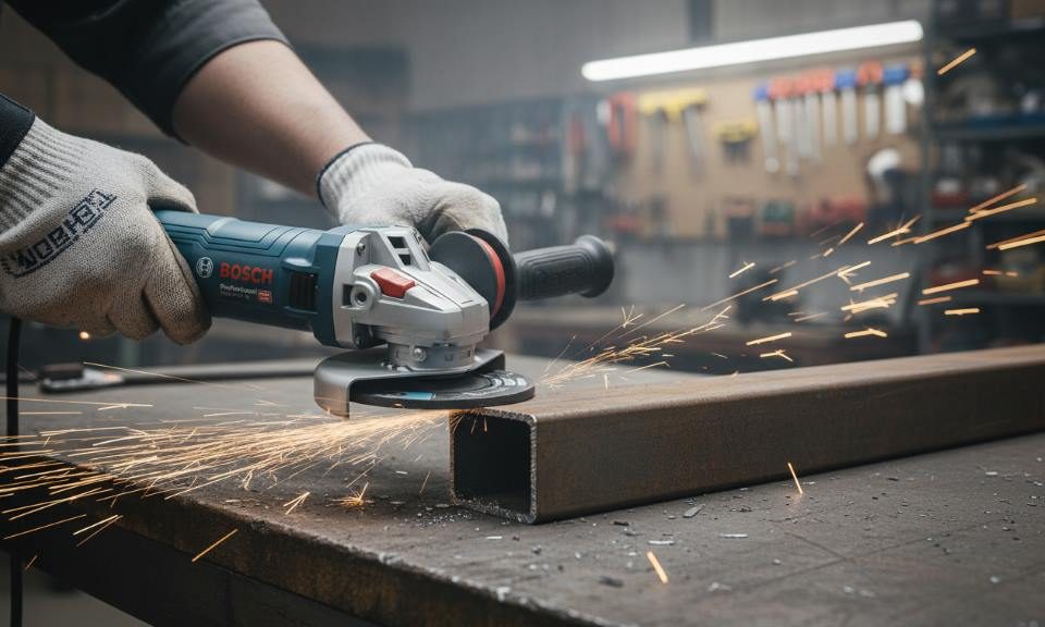 Bosch GWS8-45 angle grinder in use cutting metal