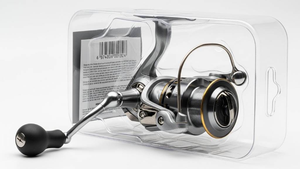 Clear plastic clamshell packaging displaying spinning reel from all angles.