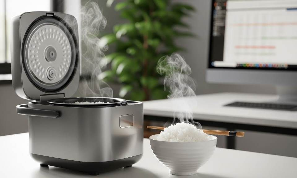 Compact portable rice cooker on office desk with steaming rice bowl