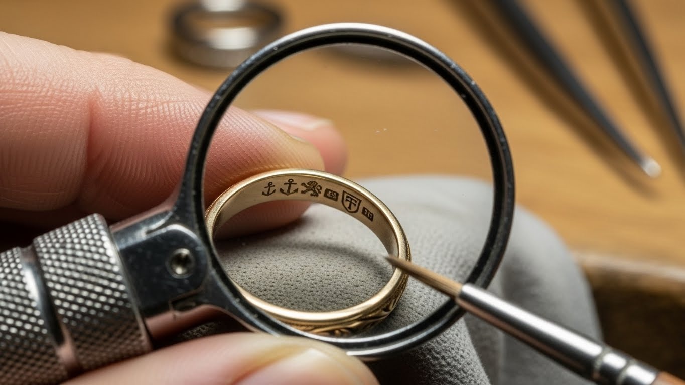 Step‑by‑step hallmark identification chart showing purity marks