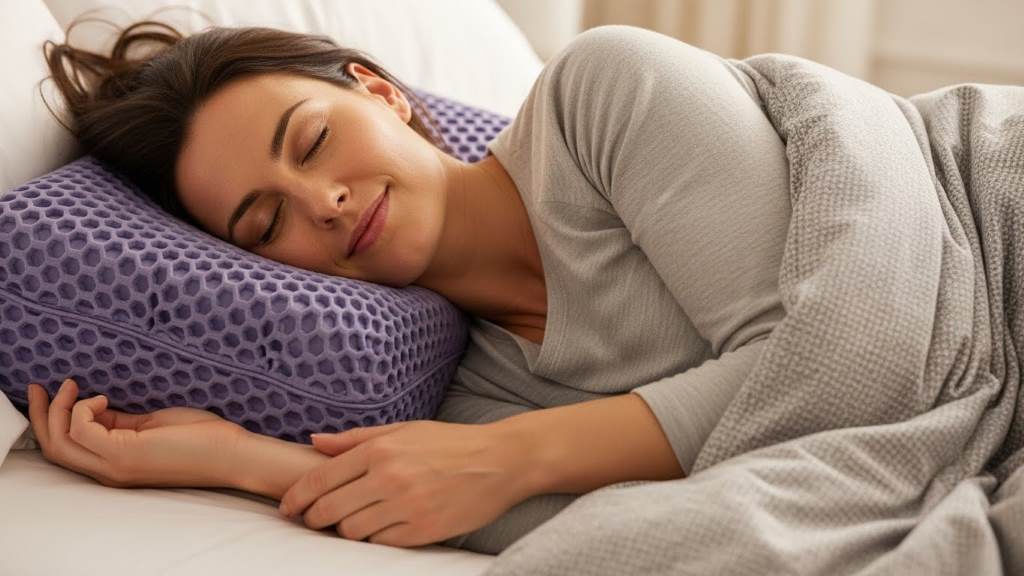 Woman sleeping peacefully on Purple Harmony Anywhere pillow with perfect spinal alignment