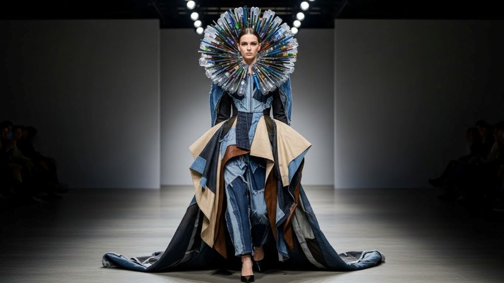 Contemporary avant garde fashion design featuring sustainable upcycled fabrics and futuristic sculptural elements