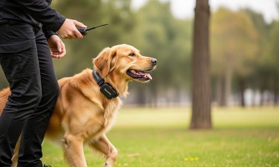Bousnic remote dog training collar in action on a golden retriever during outdoor training session