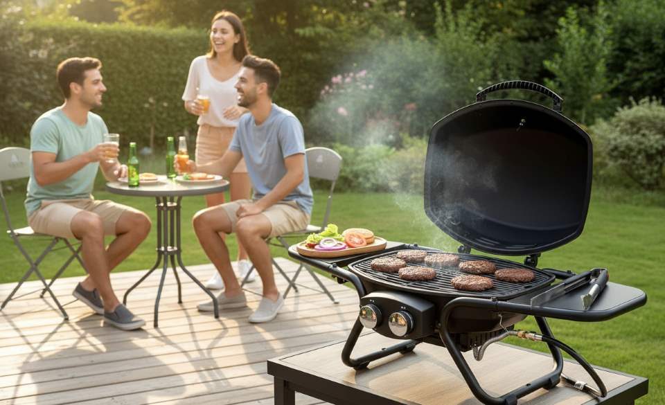 Compact gas grill on small wooden deck with burgers cooking and friends chatting nearby