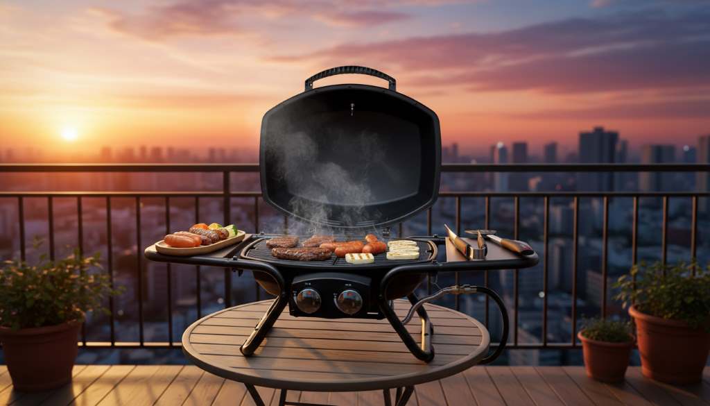 Electric tabletop grill in use on apartment balcony at sunset with city view in background