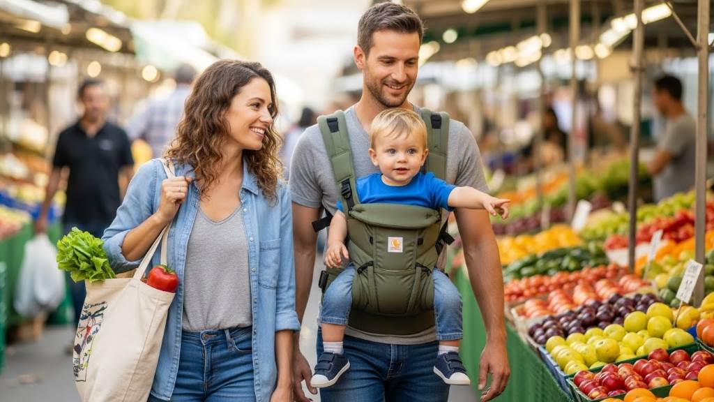 Family using comfortable hip seat baby carrier for toddler during daily errands