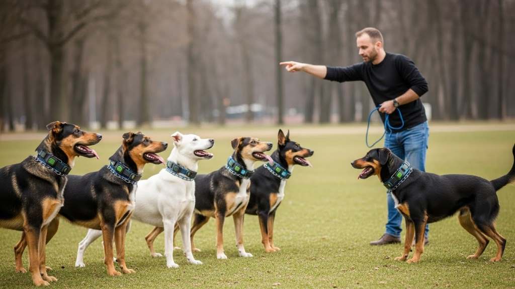 Group of dogs wearing multi-dog training collars from Bousnic responding to commands in a park