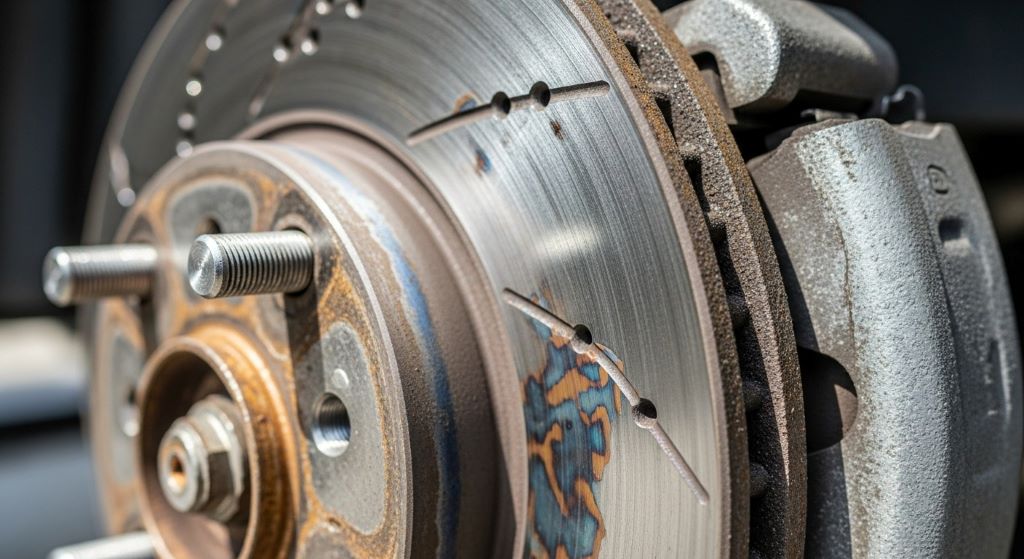 Close-up view of warped brake rotor showing uneven surface wear