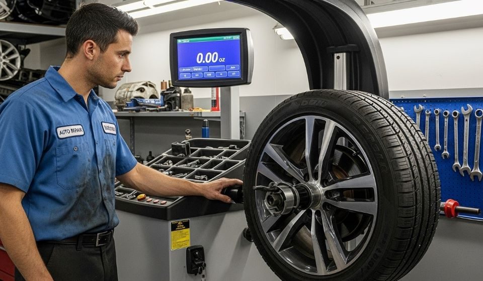 Mechanic inspecting tire balance on professional wheel balancing machine