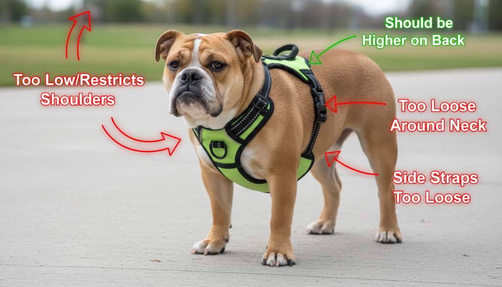 Illustration showing common fitting mistakes on a Bulldog harness with correction arrows