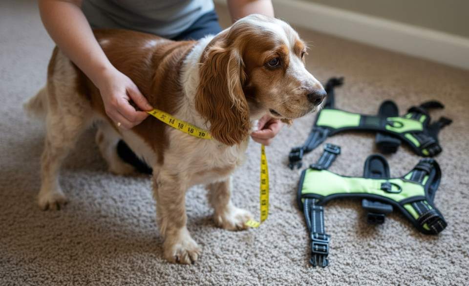 Owner measuring the chest girth of a Cocker Spaniel with a tape measure for harness sizing