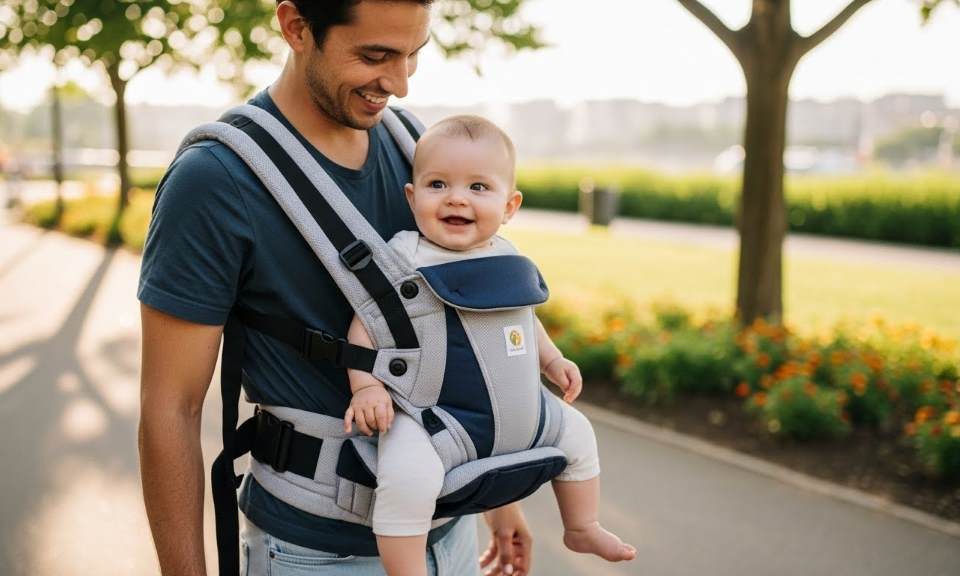 Parent smiling while carrying happy baby in ergonomic hip seat carrier during outdoor walk
