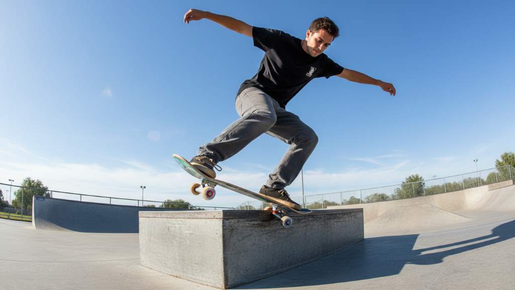Skater performing a grind in a park with Spitfire 54mm Conical Full wheels in action