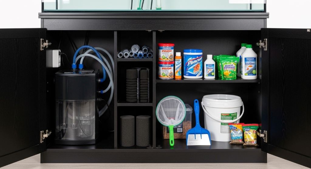 Close-up of reinforced aquarium cabinet stand showing internal shelf storage for filter equipment and fish supplies underneath tank