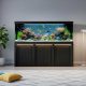 Sturdy wooden aquarium stand supporting large fish tank filled with water and tropical fish in modern living room setting