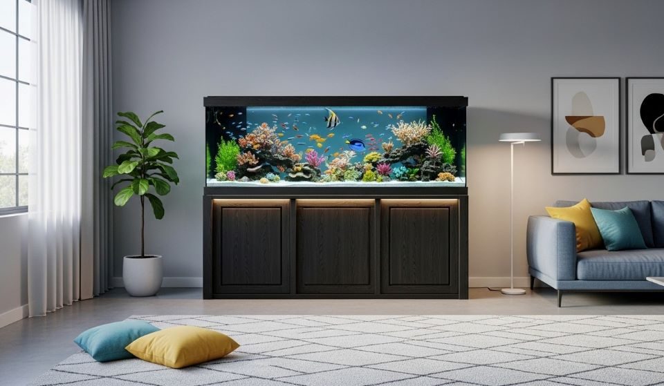Sturdy wooden aquarium stand supporting large fish tank filled with water and tropical fish in modern living room setting