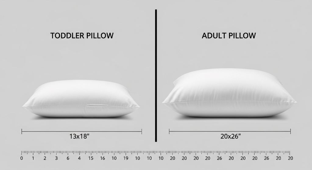 Comparison chart showing toddler pillow next to standard adult pillow demonstrating size difference