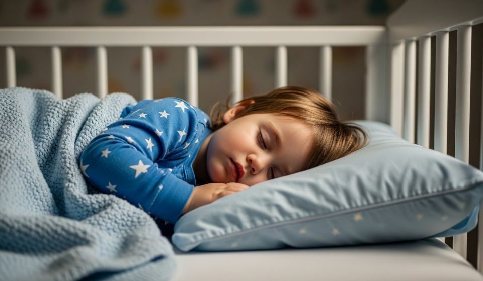 Toddler sleeping peacefully on appropriately sized pillow in bed with safety rails