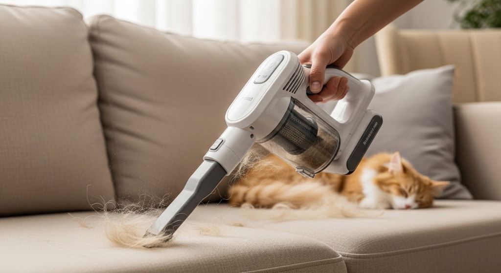 Affordable handheld vacuum removing pet hair from furniture and upholstery