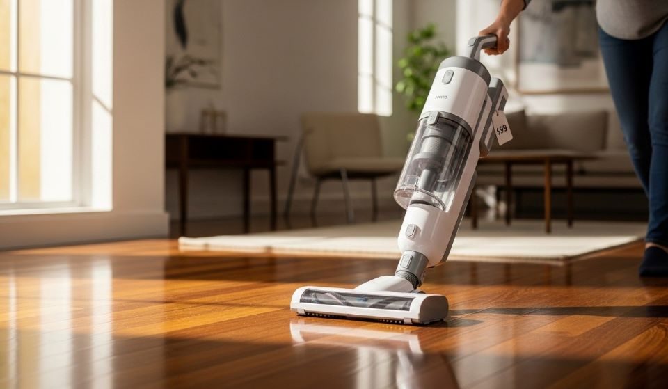 Budget cordless vacuum cleaning hardwood floor in modern home under one hundred dollars