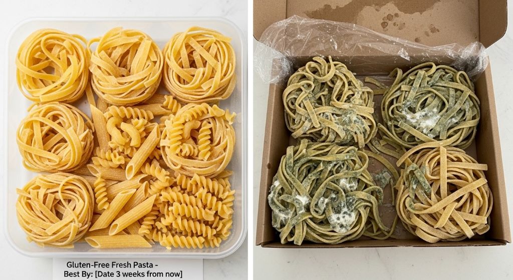 Comparison image showing properly stored fresh gluten-free pasta next to degraded pasta affected by improper moisture exposure and storage conditions