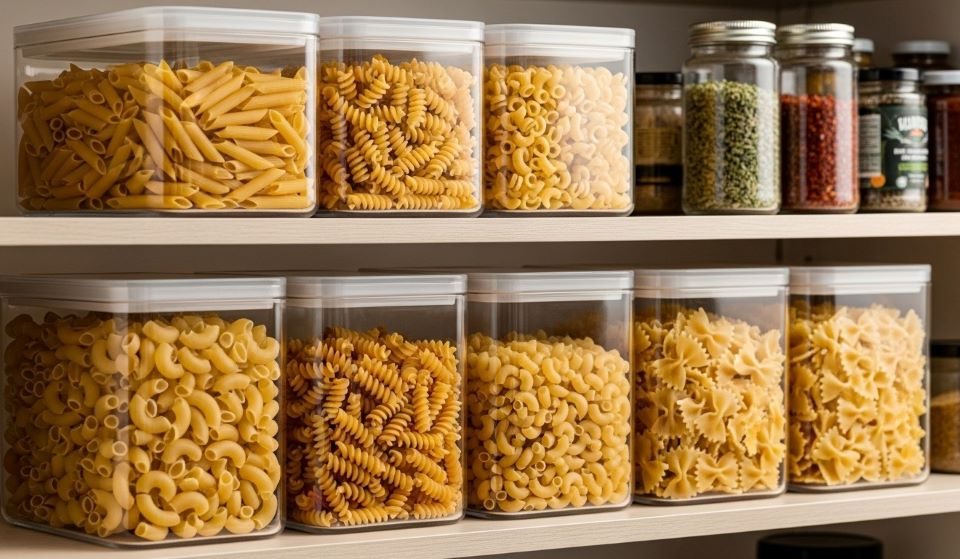 Clear airtight glass storage containers filled with various gluten-free pasta shapes including penne and rotini arranged on organized pantry shelf