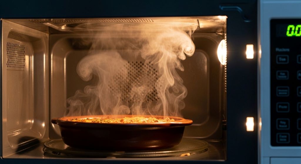High-wattage microwave heating food quickly with steam rising from dish