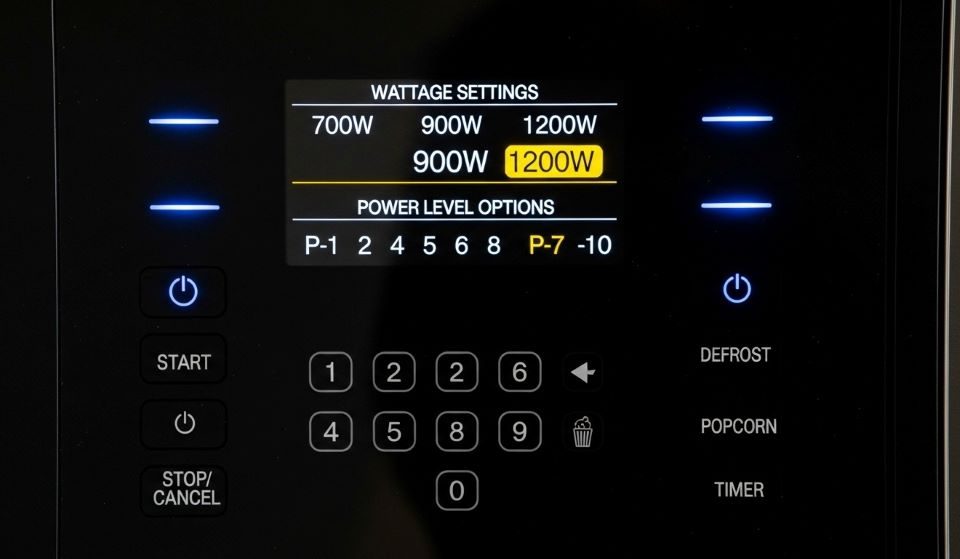 Microwave control panel showing wattage settings and power level options