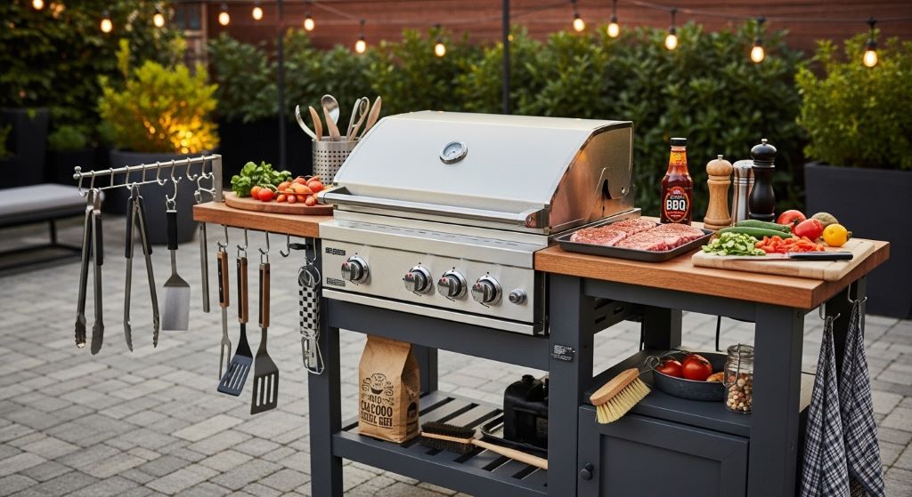 Organized outdoor grilling station with BBQ accessories and tools on a wooden prep table