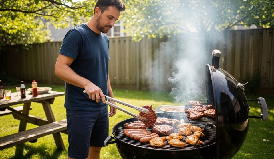 Home griller using long-handled tongs to cook meat on a charcoal grill in a backyard