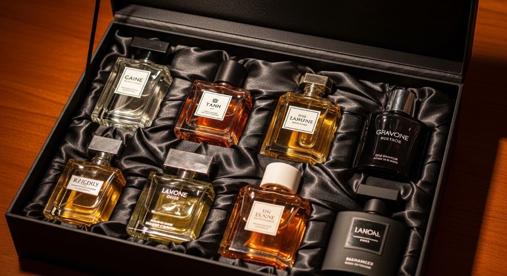 A collection of designer fragrance bottles arranged neatly in a premium gift box lined with black satin