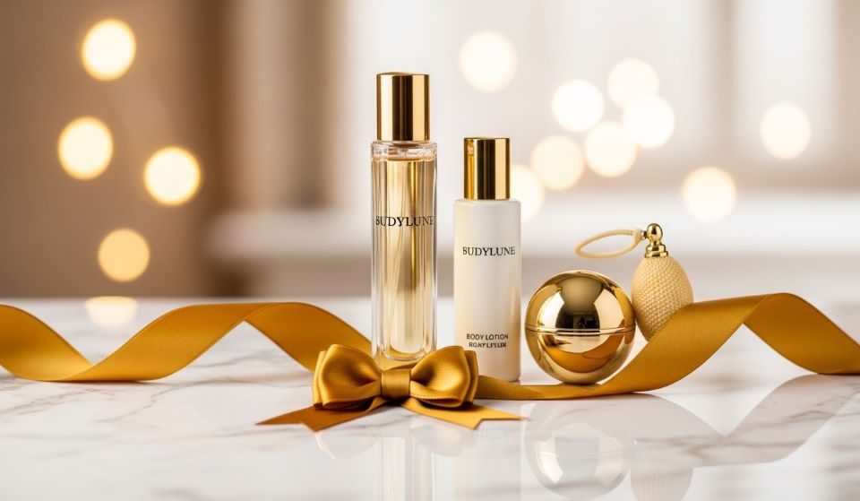 An elegant luxury perfume gift set displayed on a marble surface with a gold ribbon and soft lighting