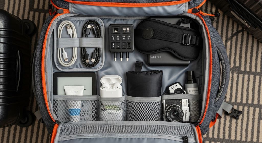 A traveler's backpack open to reveal modern gadgets and travel accessories including a cable organizer, universal adapter, and sleep mask neatly packed inside