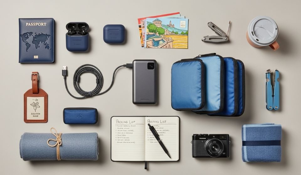 An organized travel flat lay showing creative travel gifts including a power bank, packing cubes, noise-canceling earbuds, and a passport holder on a neutral background