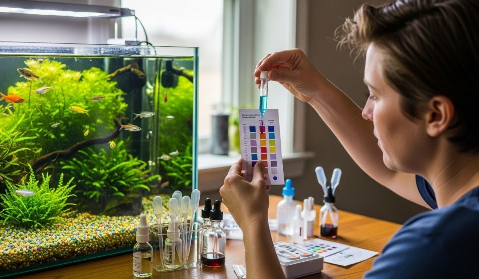 Beginner testing aquarium water with a liquid test kit next to a freshwater fish tank