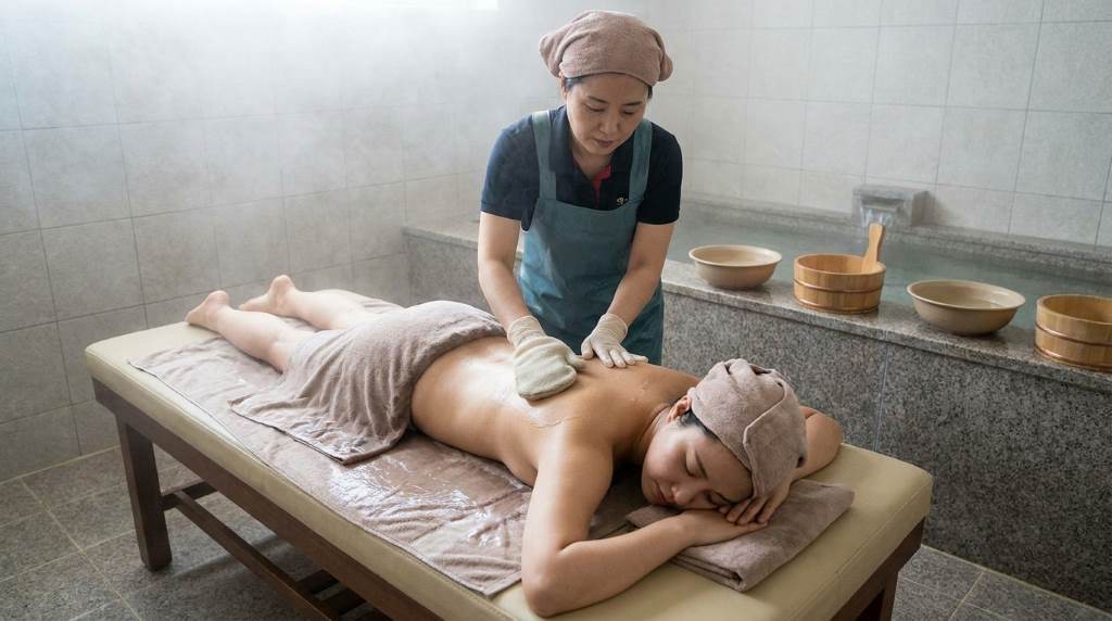 Korean spa attendant performing full-body exfoliating scrub on client