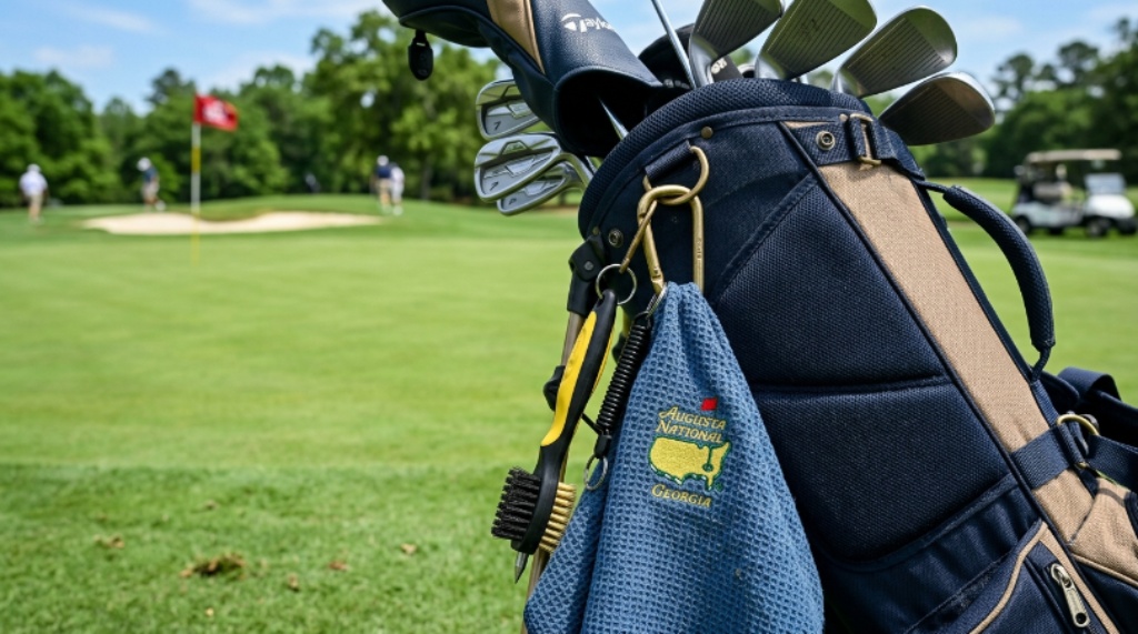 Close-up of a golf towel clip and groove brush attached to a golf bag during a round on a green golf course