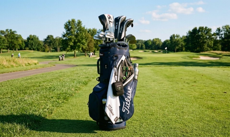 Well-organized golf bag loaded with essential accessories including a towel clip, rangefinder, and divot tools on a sunny fairway