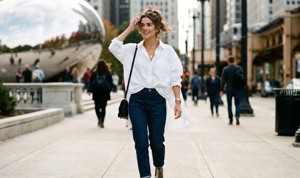 Chicago fashion blogger styling a loose oversized shirt with a smart front tuck in downtown street fashion