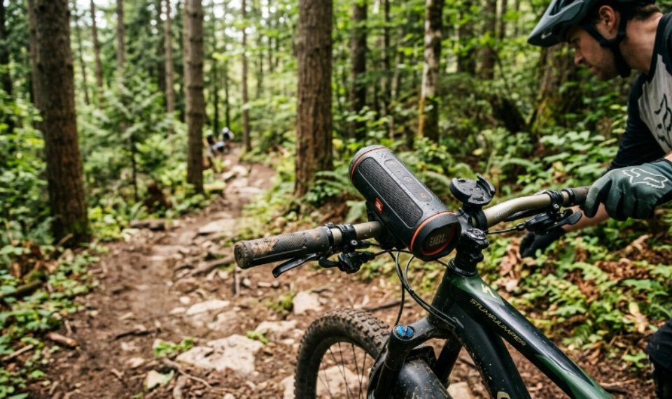 A waterproof Bluetooth speaker mounted on the handlebar of a mountain bike on a forest trail