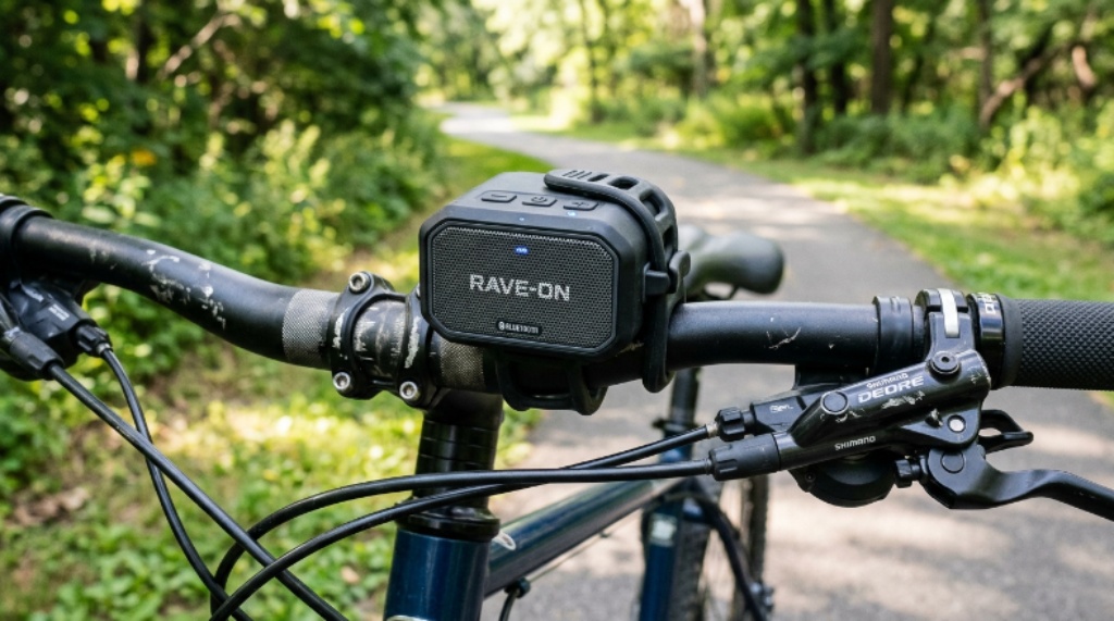 Close-up of a compact bike speaker with rubber strap mount attached to bicycle handlebars outdoors