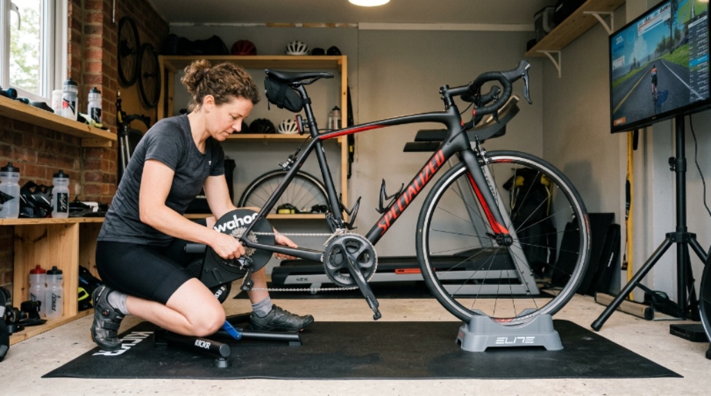 Cyclist setting up a bike on an indoor trainer with a front wheel riser block for level positioning